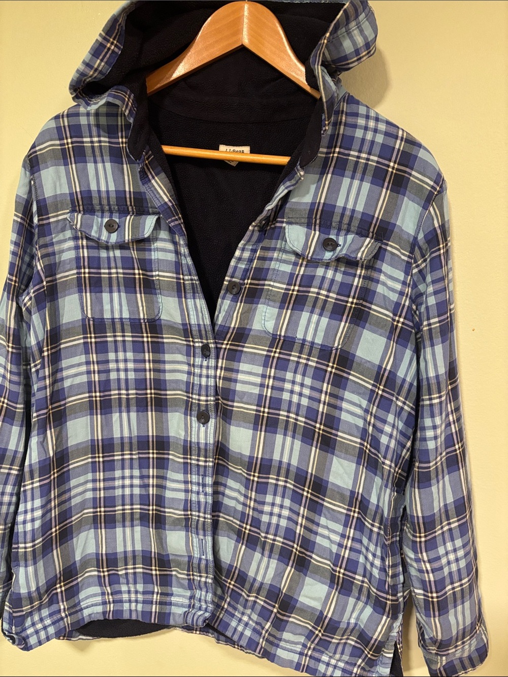 L.L. Bean Women’s Plaid Hooded Jacket in Blue with Fleece Lining